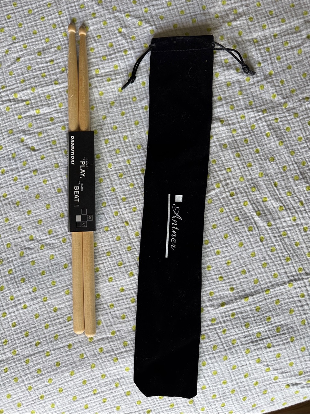 Black Velvet Drumstick Bag with Natural Wood Drumsticks